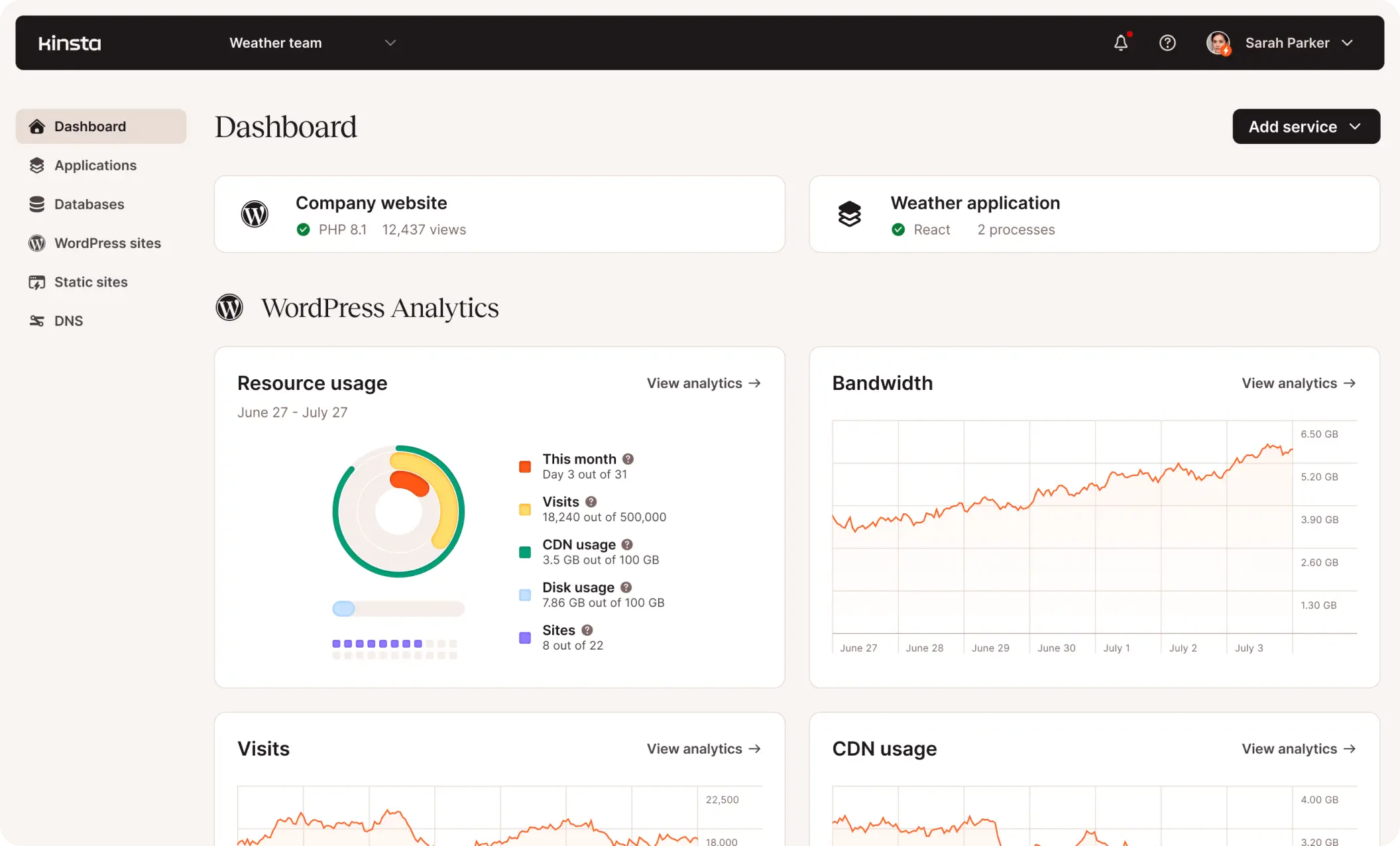 Managed WordPress Hosting dashboard by Kinsta